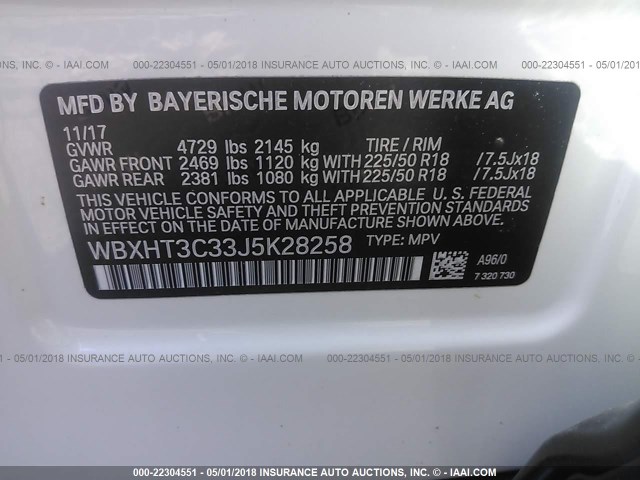 WBXHT3C33J5K28258 - 2018 BMW X1 XDRIVE28I 白色 照片 9