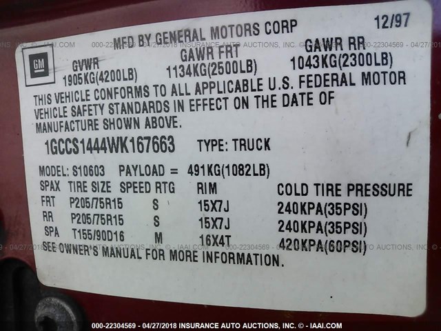 1GCCS1444WK167663 - 1998 CHEVROLET S TRUCK S10 RED photo 9