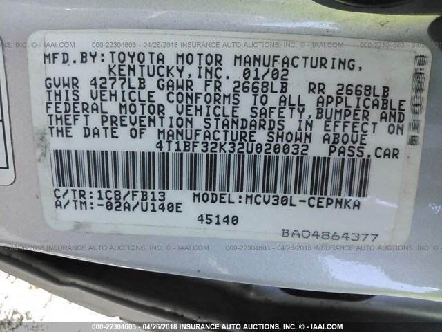 4T1BF32K32U020032 - 2002 TOYOTA CAMRY LE/XLE/SE SILVER photo 9