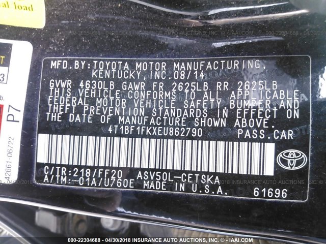 4T1BF1FKXEU862790 - 2014 TOYOTA CAMRY L/SE/LE/XLE 黑色 照片 9