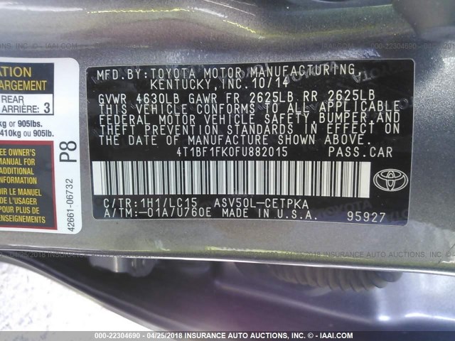 4T1BF1FK0FU882015 - 2015 TOYOTA CAMRY LE/XLE/SE/XSE GRAY photo 9