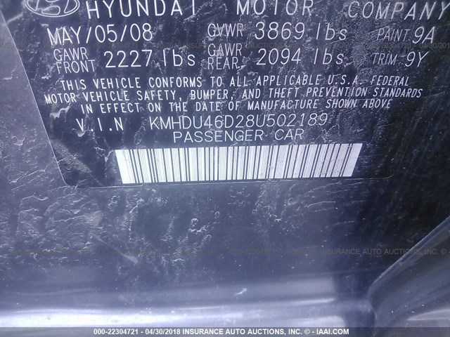 KMHDU46D28U502189 - 2008 HYUNDAI ELANTRA GLS/SE/LIMITED GRAY photo 9