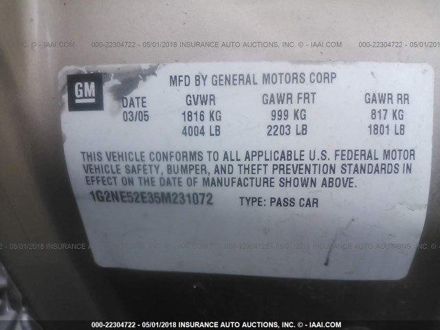 1G2NE52E35M231072 - 2005 PONTIAC GRAND AM SE GOLD photo 9