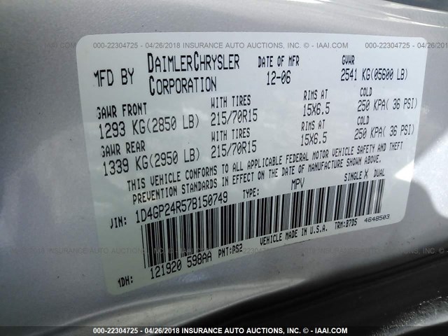 1D4GP24R57B150749 - 2007 DODGE GRAND CARAVAN SE SILVER photo 9