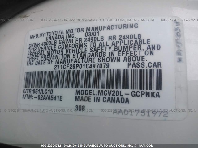 2T1CF28P01C497079 - 2001 TOYOTA CAMRY SOLARA SE/SLE WHITE photo 9