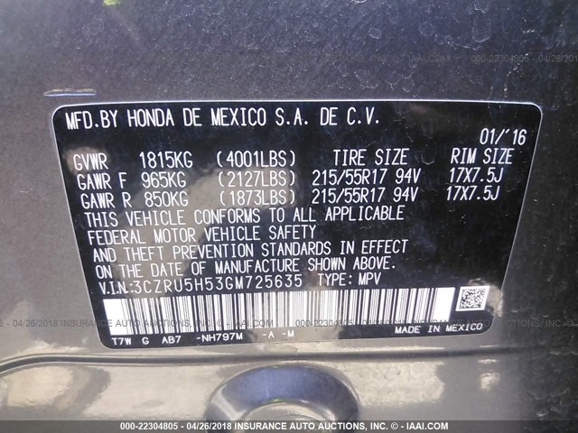 3CZRU5H53GM725635 - 2016 HONDA HR-V EX GRAY photo 9