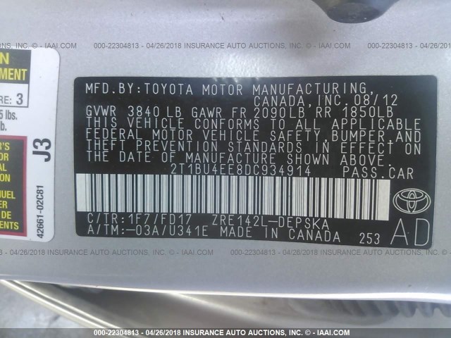 2T1BU4EE8DC934914 - 2013 TOYOTA COROLLA S/LE SILVER photo 9