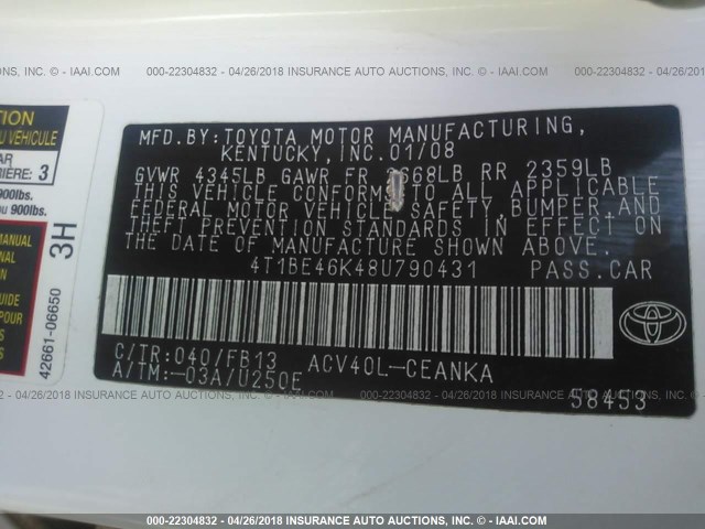 4T1BE46K48U790431 - 2008 TOYOTA CAMRY CE/LE/XLE/SE WHITE photo 9
