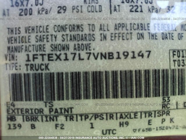 1FTEX17L7VNB19147 - 1997 FORD F150 红色 照片 9