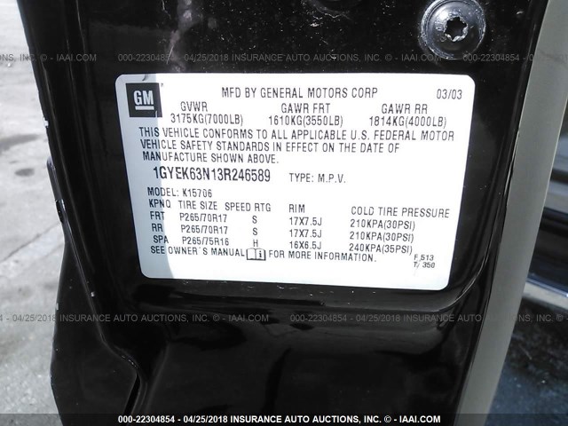 1GYEK63N13R246589 - 2003 CADILLAC ESCALADE LUXURY შავი ფოტო 9