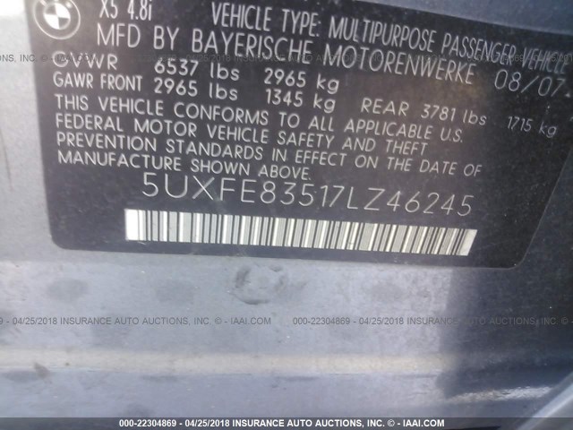 5UXFE83517LZ46245 - 2007 BMW X5 4.8I GRAY photo 9