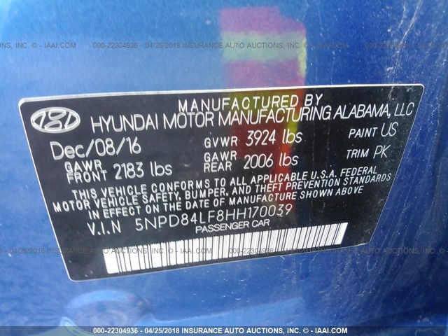 5NPD84LF8HH170039 - 2017 HYUNDAI ELANTRA SE/VALUE/LIMITED BLUE photo 9