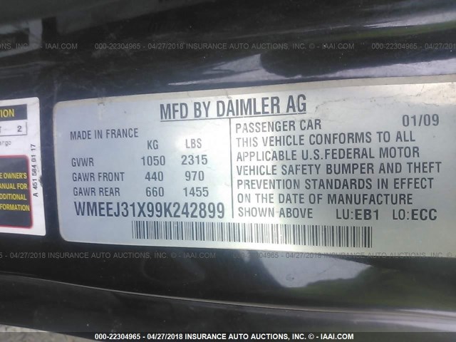 WMEEJ31X99K242899 - 2009 SMART FORTWO PURE/PASSION BLUE photo 9