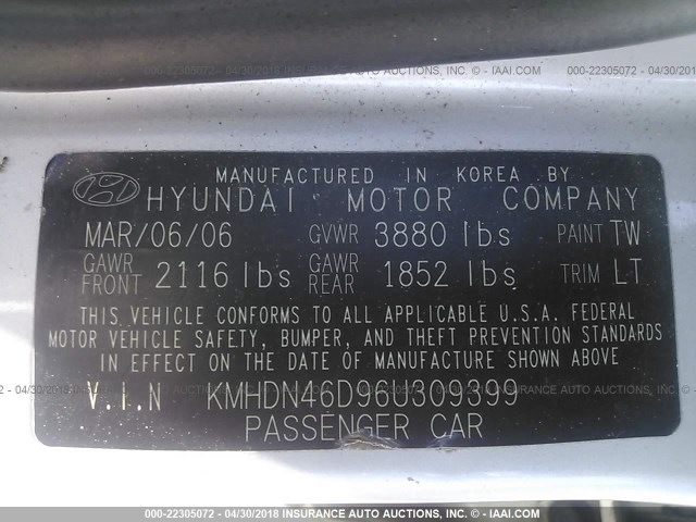 KMHDN46D96U309399 - 2006 HYUNDAI ELANTRA GLS/GT/LIMITED SILVER photo 9