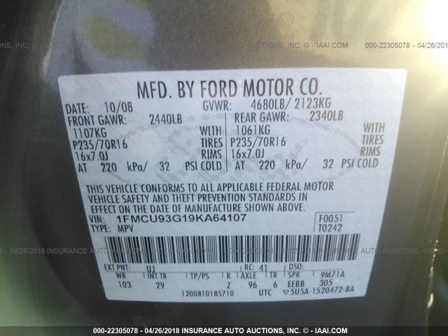 1FMCU93G19KA64107 - 2009 FORD ESCAPE XLT GRAY photo 9