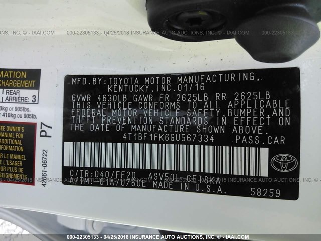 4T1BF1FK6GU567334 - 2016 TOYOTA CAMRY LE/XLE/SE/XSE WHITE photo 9