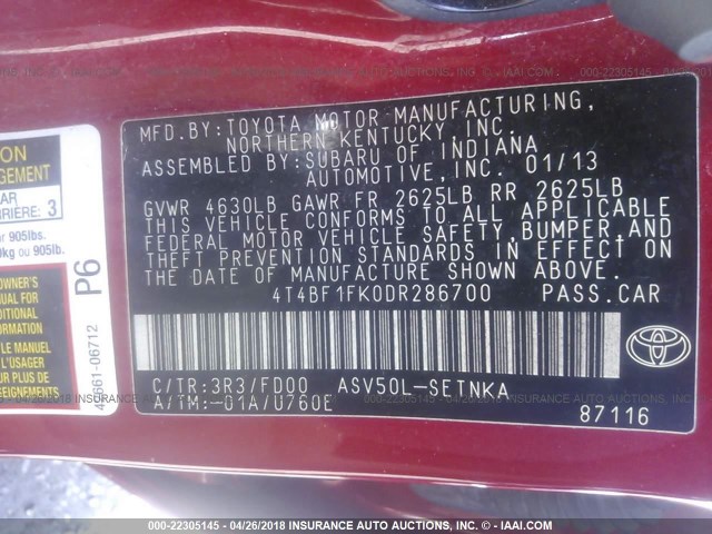 4T4BF1FK0DR286700 - 2013 TOYOTA CAMRY L/SE/LE/XLE 红色 照片 9