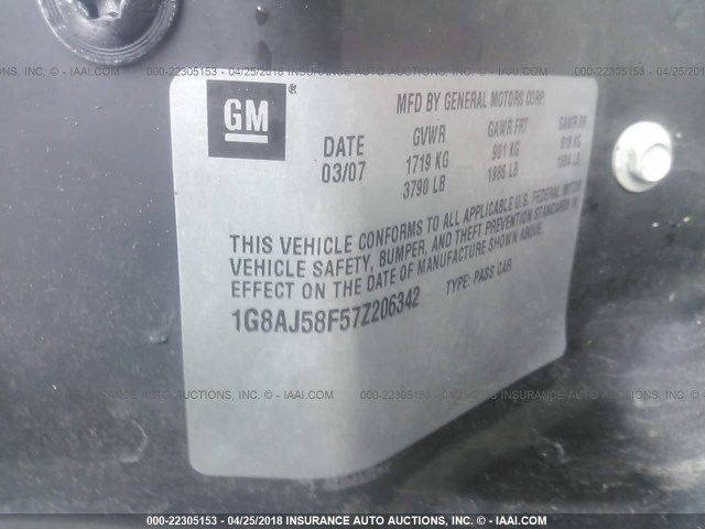 1G8AJ58F57Z206342 - 2007 SATURN ION LEVEL 2 BLACK photo 9