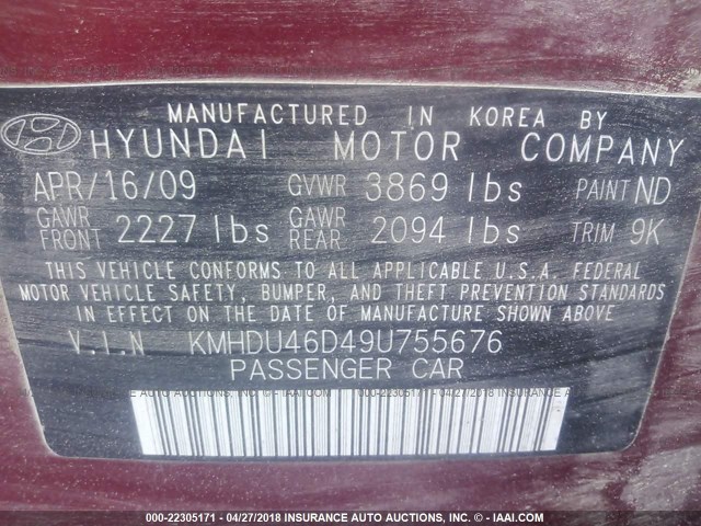 KMHDU46D49U755676 - 2009 HYUNDAI ELANTRA GLS/SE RED photo 9