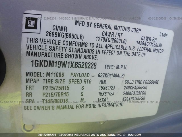 1GKDM19W1XB520228 - 1999 GMC SAFARI XT SILVER photo 9