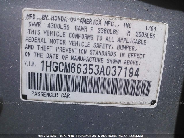 1HGCM66353A037194 - 2003 HONDA ACCORD LX SILVER photo 9