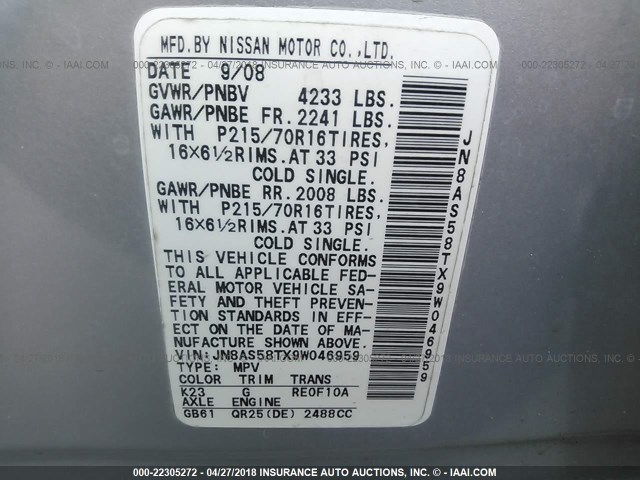 JN8AS58TX9W046959 - 2009 NISSAN ROGUE S/SL SILVER photo 9