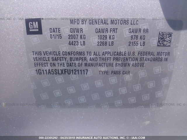 1G11A5SLXFU121117 - 2015 CHEVROLET MALIBU LS 银色 照片 9