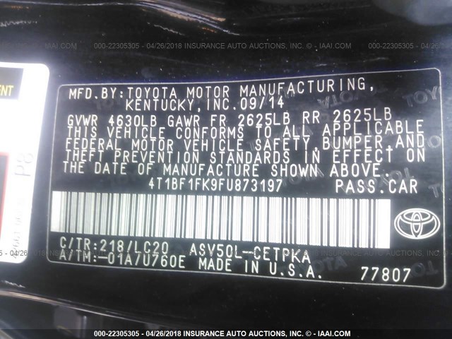 4T1BF1FK9FU873197 - 2015 TOYOTA CAMRY LE/XLE/SE/XSE BLACK photo 9