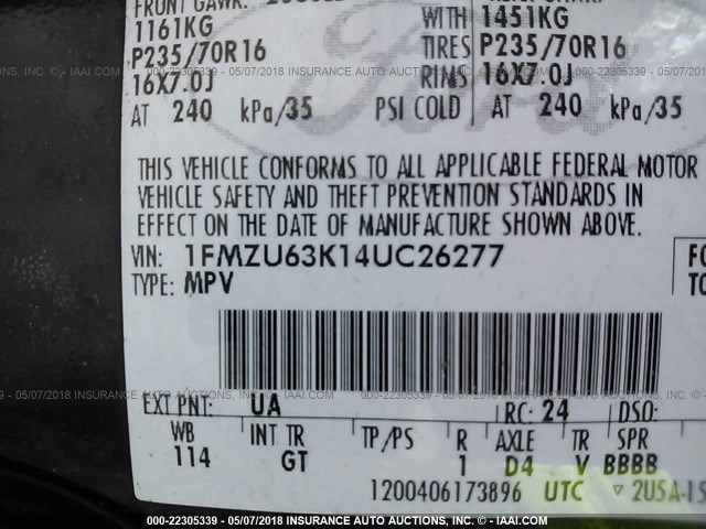 1FMZU63K14UC26277 - 2004 FORD EXPLORER XLT/XLT SPORT/NBX 黑色 照片 9