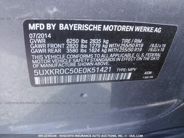 5UXKR0C50E0K51421 - 2014 BMW X5 XDRIVE35I GRAY photo 9