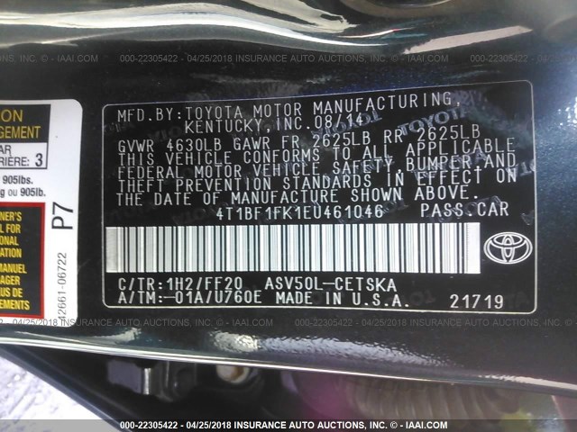 4T1BF1FK1EU461046 - 2014 TOYOTA CAMRY L/SE/LE/XLE შავი ფოტო 9
