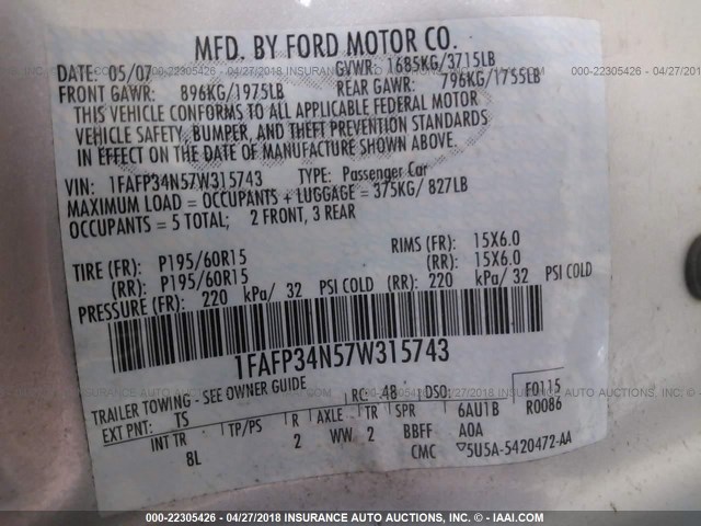 1FAFP34N57W315743 - 2007 FORD FOCUS ZX4/S/SE/SES 银色 照片 9