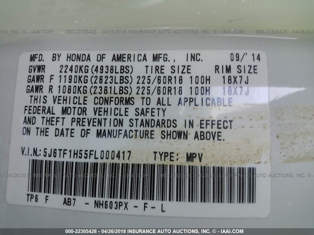 5J6TF1H55FL000417 - 2015 HONDA CROSSTOUR EXL 白色 照片 9