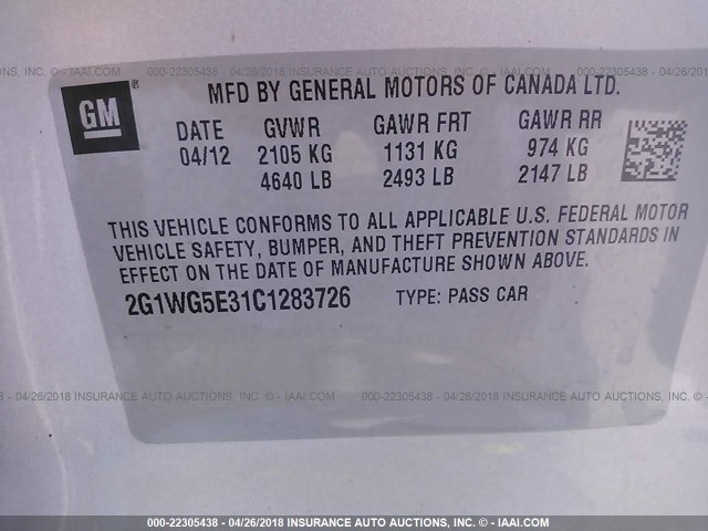 2G1WG5E31C1283726 - 2012 CHEVROLET IMPALA LT SILVER photo 9