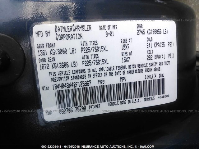 1B4HR48N42F125967 - 2002 DODGE DURANGO SLT BLUE photo 9