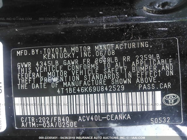 4T1BE46K69U842529 - 2009 TOYOTA CAMRY SE/LE/XLE 黑色 照片 9