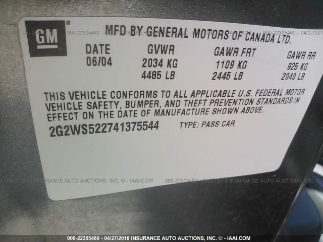 2G2WS522741375544 - 2004 PONTIAC GRAND PRIX GT2 ნაცრისფერი ფოტო 9