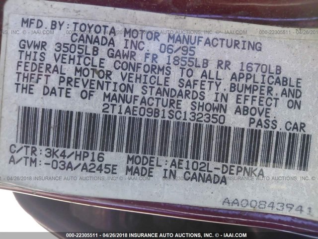 2T1AE09B1SC132350 - 1995 TOYOTA COROLLA LE/DX RED photo 9