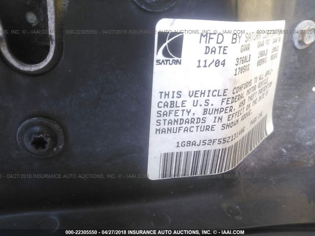 1G8AJ52F55Z131406 - 2005 SATURN ION LEVEL 2 GRAY photo 9