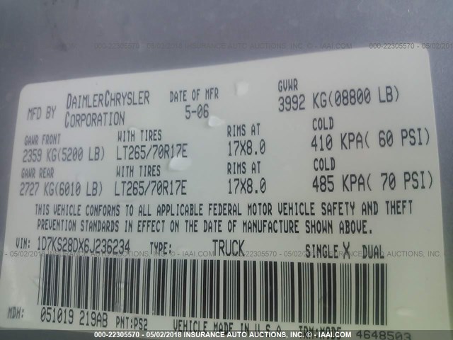 1D7KS28DX6J236234 - 2006 DODGE RAM 2500 ST/SLT 银色 照片 9