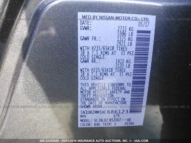 5N1DR2MM5HC686123 - 2017 NISSAN PATHFINDER S/SV/SL/PLATINUM 灰色 照片 9