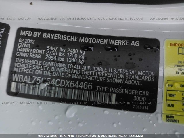 WBALZ5C54CDX64466 - 2012 BMW 650 XI WHITE photo 9