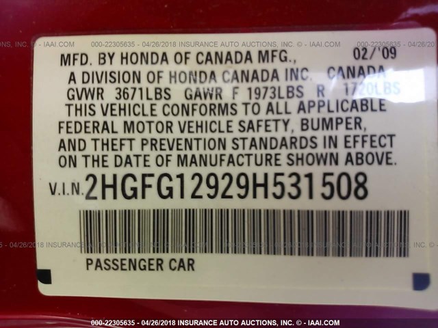 2HGFG12929H531508 - 2009 HONDA CIVIC EXL RED photo 9