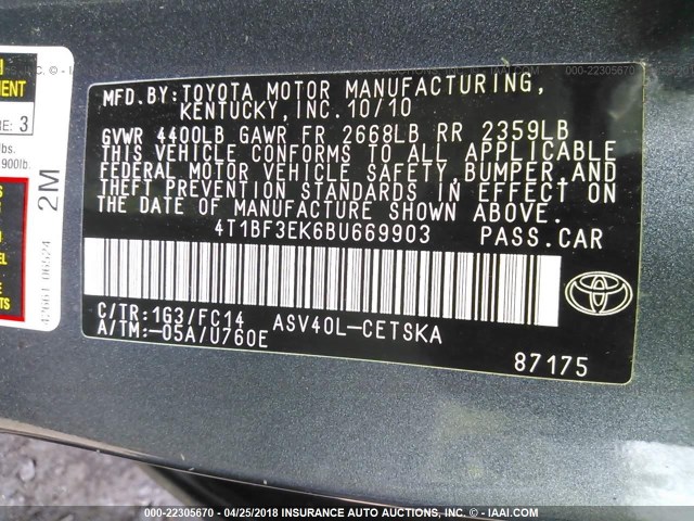 4T1BF3EK6BU669903 - 2011 TOYOTA CAMRY SE/LE/XLE GRAY photo 9