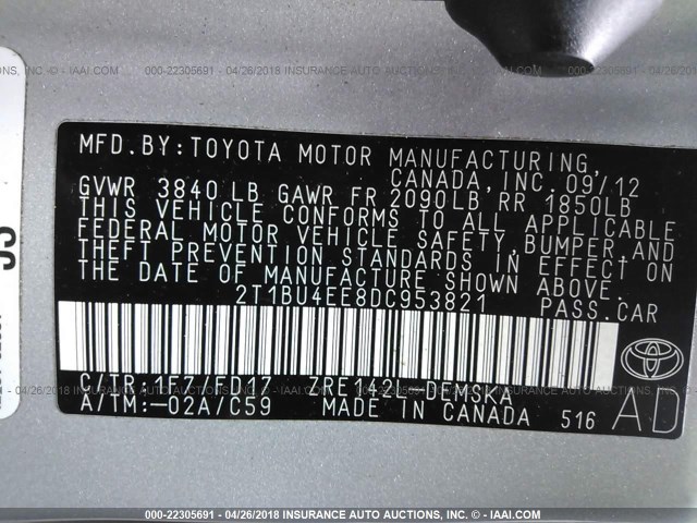 2T1BU4EE8DC953821 - 2013 TOYOTA COROLLA S/LE SILVER photo 9