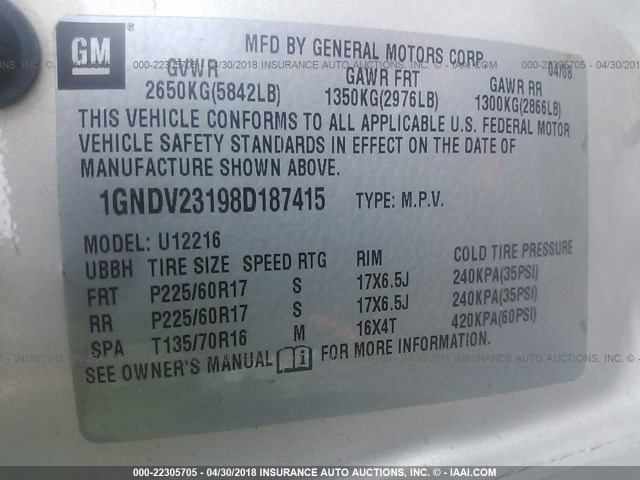 1GNDV23198D187415 - 2008 CHEVROLET UPLANDER LS Champagne photo 9