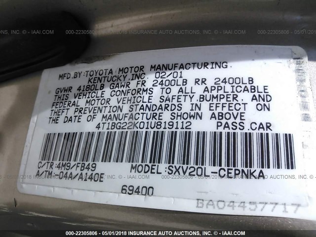 4T1BG22K01U819112 - 2001 TOYOTA CAMRY CE/LE/XLE 金色 照片 9