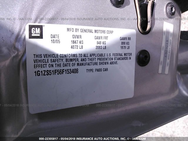 1G1ZS51F56F153408 - 2006 CHEVROLET MALIBU LS 银色 照片 9