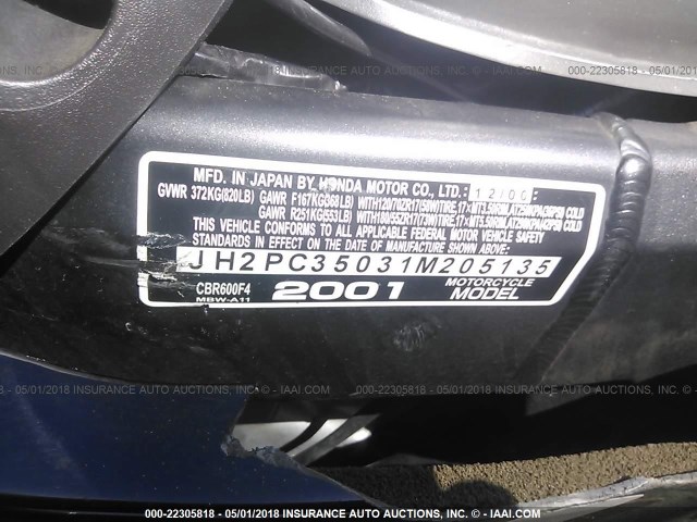 JH2PC35031M205135 - 2001 HONDA CBR600 F4 GRAY photo 10