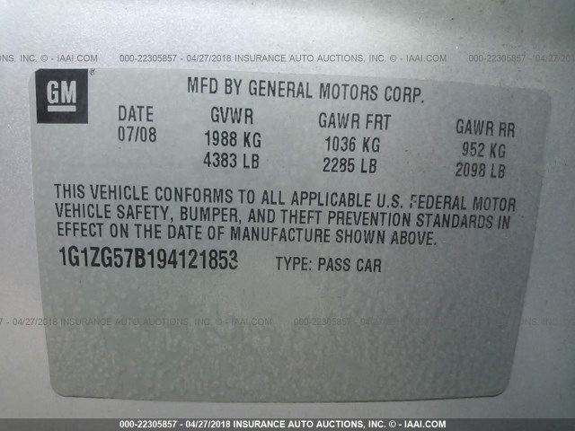 1G1ZG57B194121853 - 2009 CHEVROLET MALIBU LS Gümüş foto 9